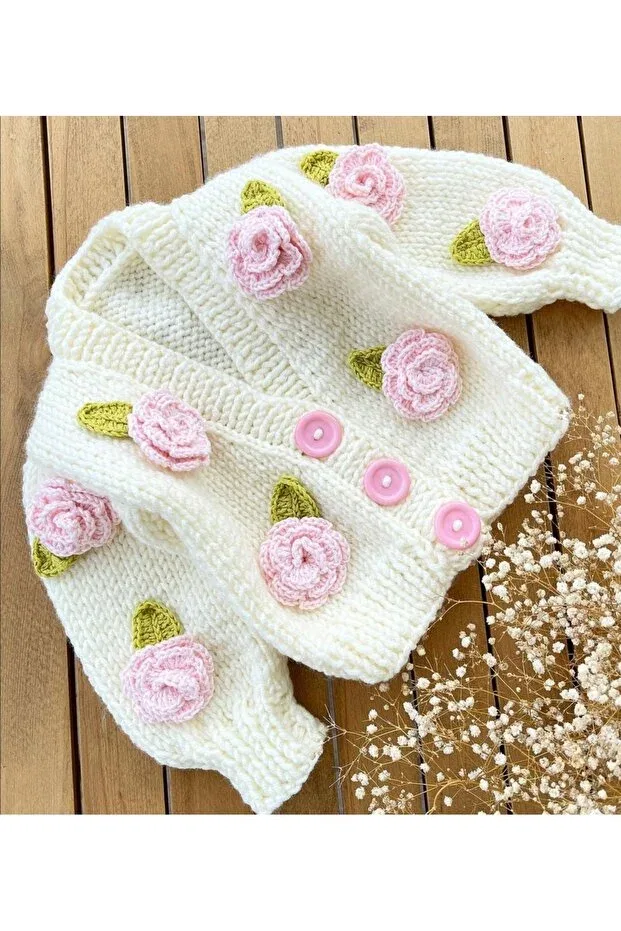 Детский кардиган для девочек с цветочным принтом Hand knitted baby rose cardigan Sifa Atelier, Cream