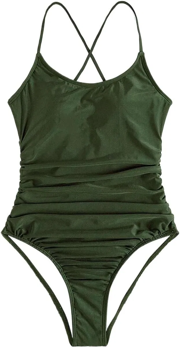 Женский слитный купальник с защипами и шнуровкой Generic, Army Green — фото 4