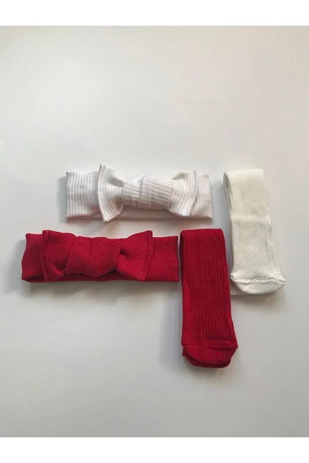 Детский комплект носков с банданой для новорожденных Nis Butik, Red-Cream — фото 2