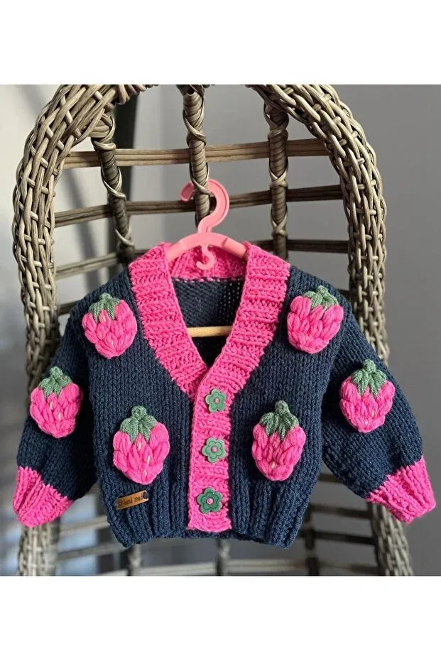 Детский кардиган для девочек с принтом Strawberry Detailed El Örgüsü, Navy Blue — фото 2