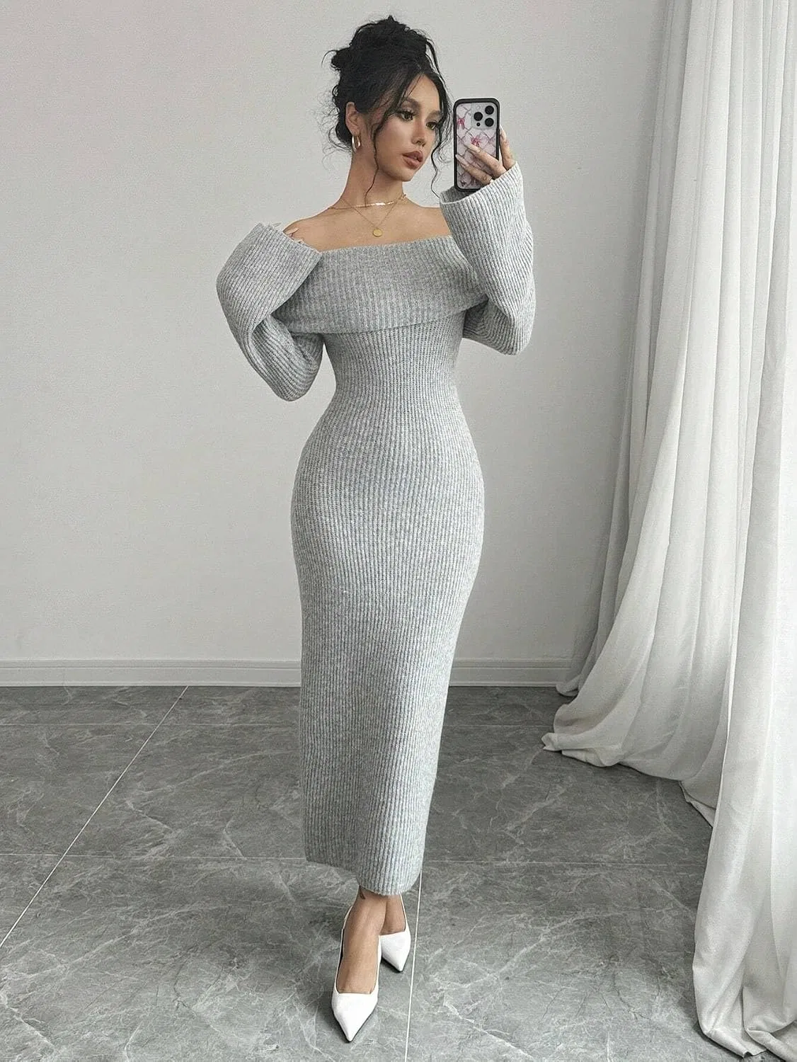 Женское повседневное платье с длинным рукавом Solid Color, Gray — фото 2