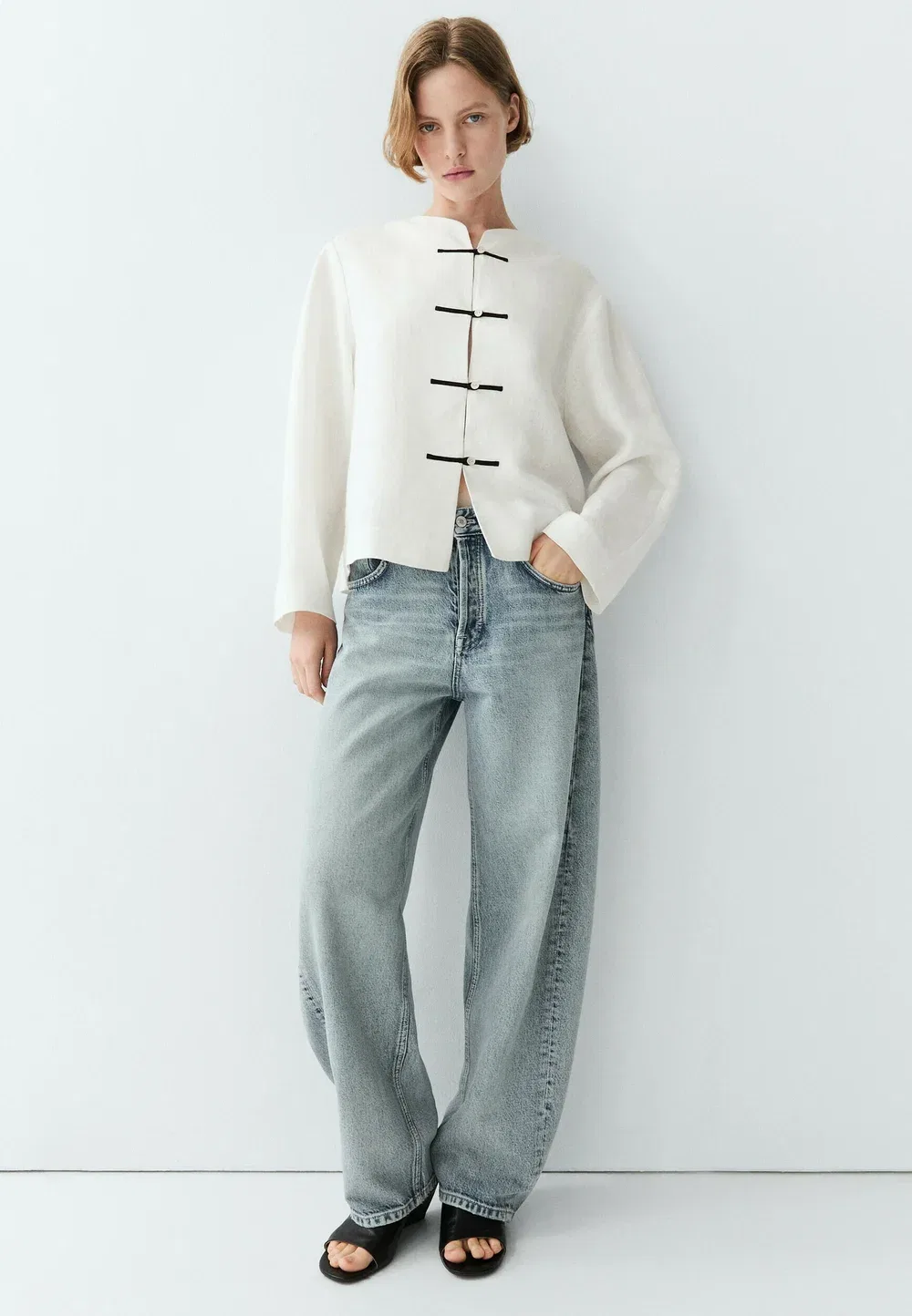 Струящаяся рубашка из 100% льна с пуговицами - блузка Massimo Dutti, White — фото 3