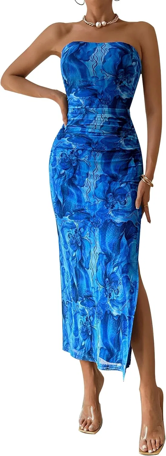 Женское летнее макси-платье с принтом Bodycon Strapless Tube Top Slit Dress, Print Brilliant Blue