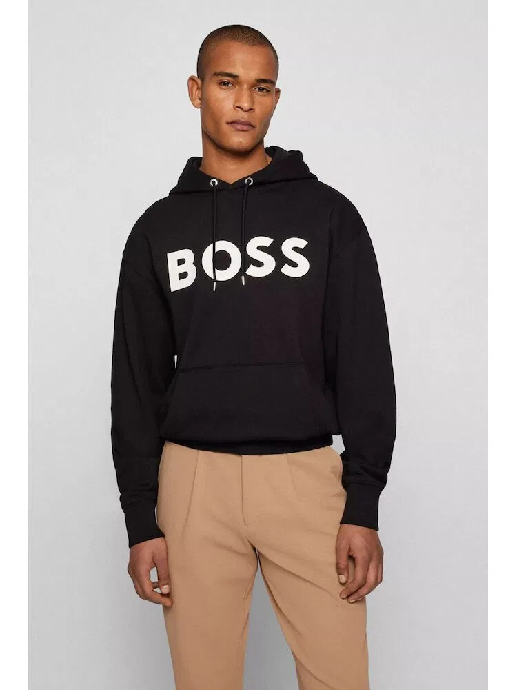 Футболка с длинным рукавом, большой логотип, капюшон BOSS, Black