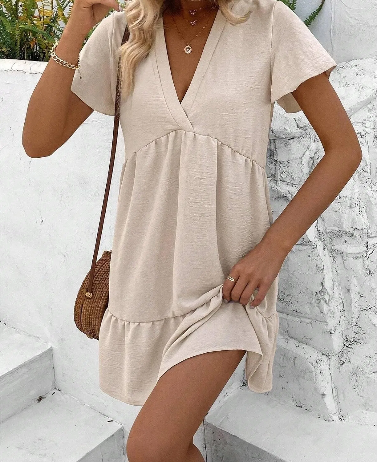 Женское повседневное платье с рюшами, Short Sleeve V Neck Ruffle Hem, Apricot — фото 2