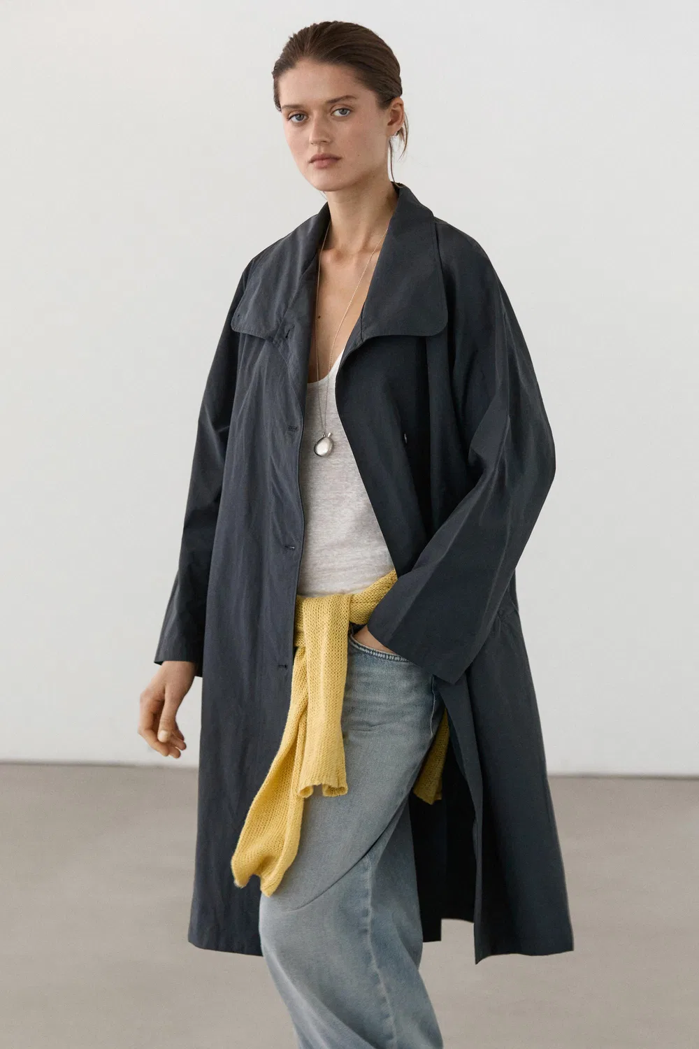 Тренч Massimo Dutti High Neck Technical Coat, темно-синий — фото 3