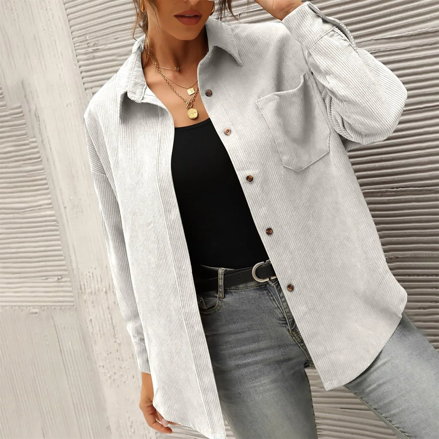 Женское пальто свободного кроя с отложным воротником Time Time Corduroy Coat Shirt, White — фото 3