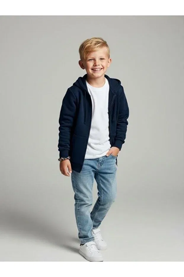 Детское пальто-кардиган на молнии с капюшоном хлопковое Zekids, Navy Blue — фото 3