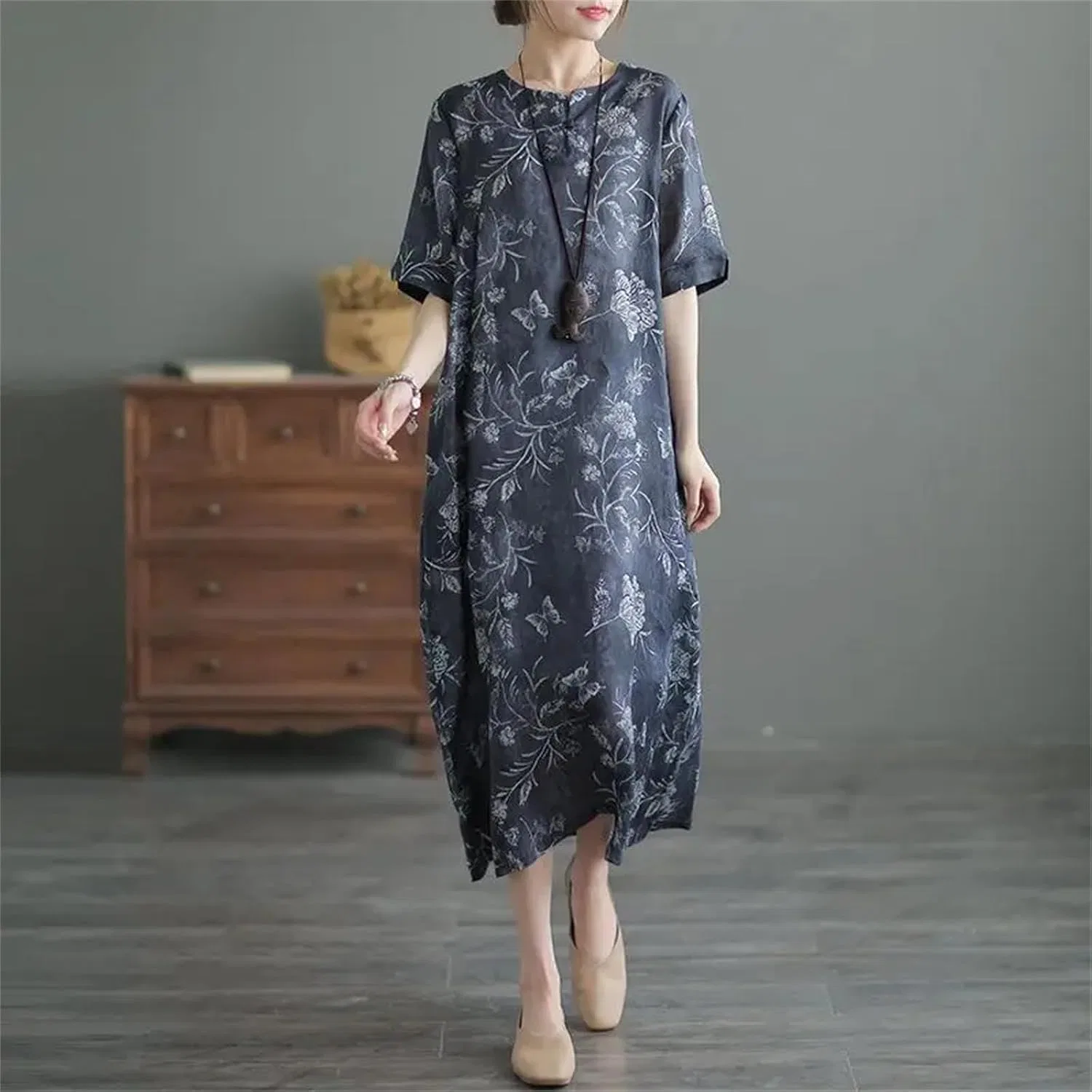 Женское платье-ченгсам с этническим принтом Generic, Navy Blue — фото 2