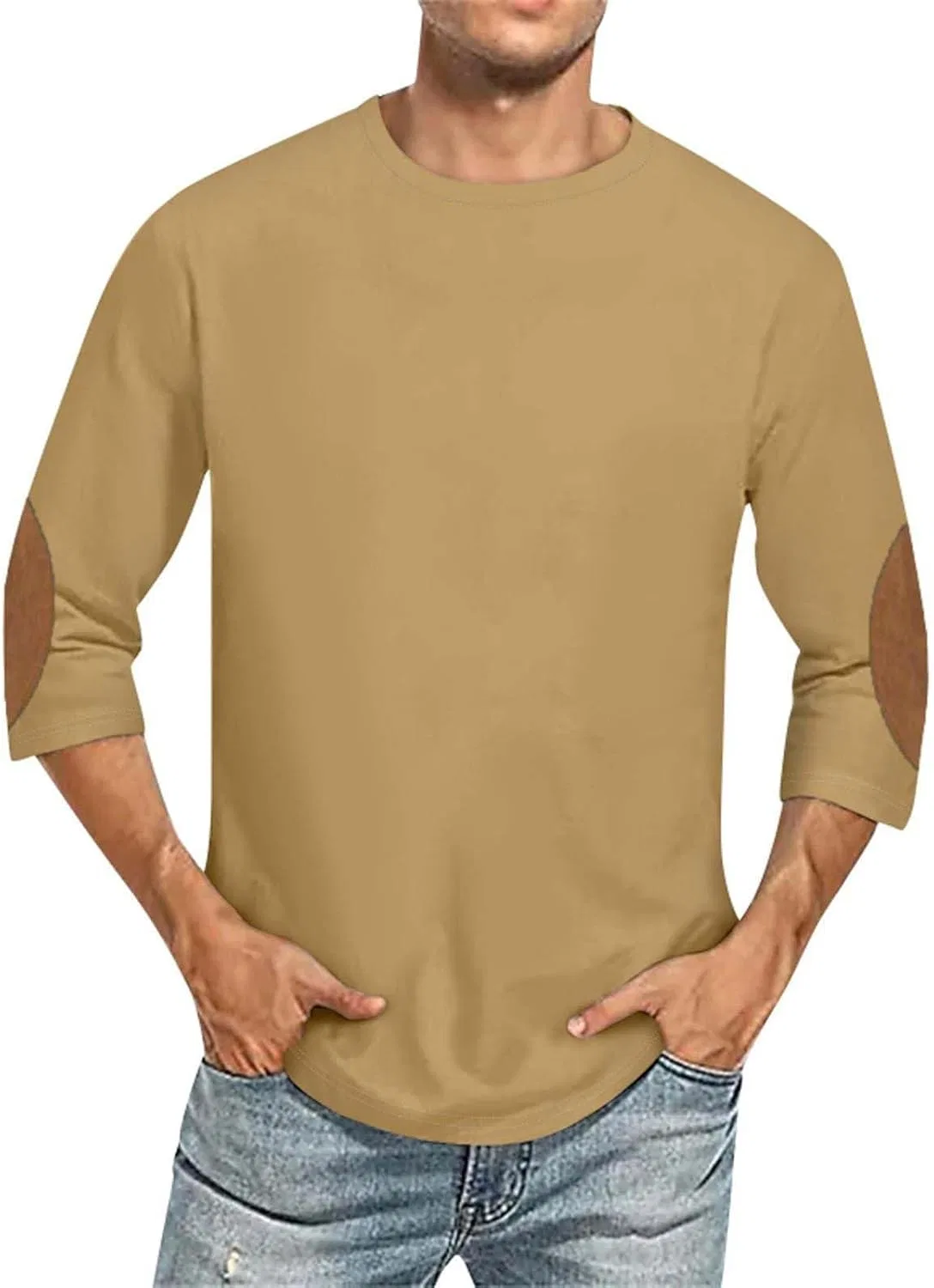 Мужская футболка с рукавом 3/4, Crew Neck, Хлопковая смесь, Khaki