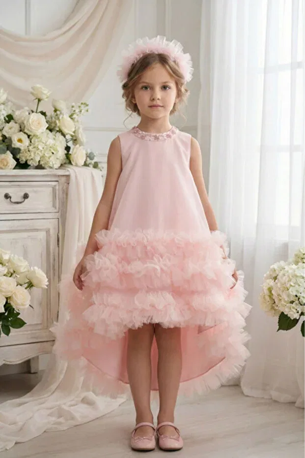 Детское платье для девочек с бисерным воротником Beaded collar asymmetrical layered tulle girls party dress & bandana - 2 piece set Pamina, Powder