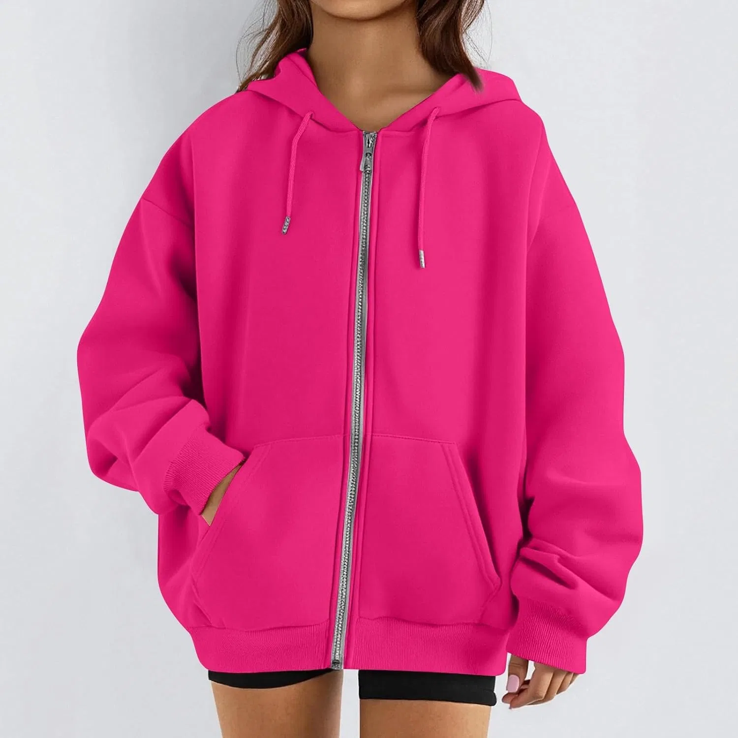 Женское худи на молнии оверсайз с капюшоном, S135-Hot Pink — фото 3