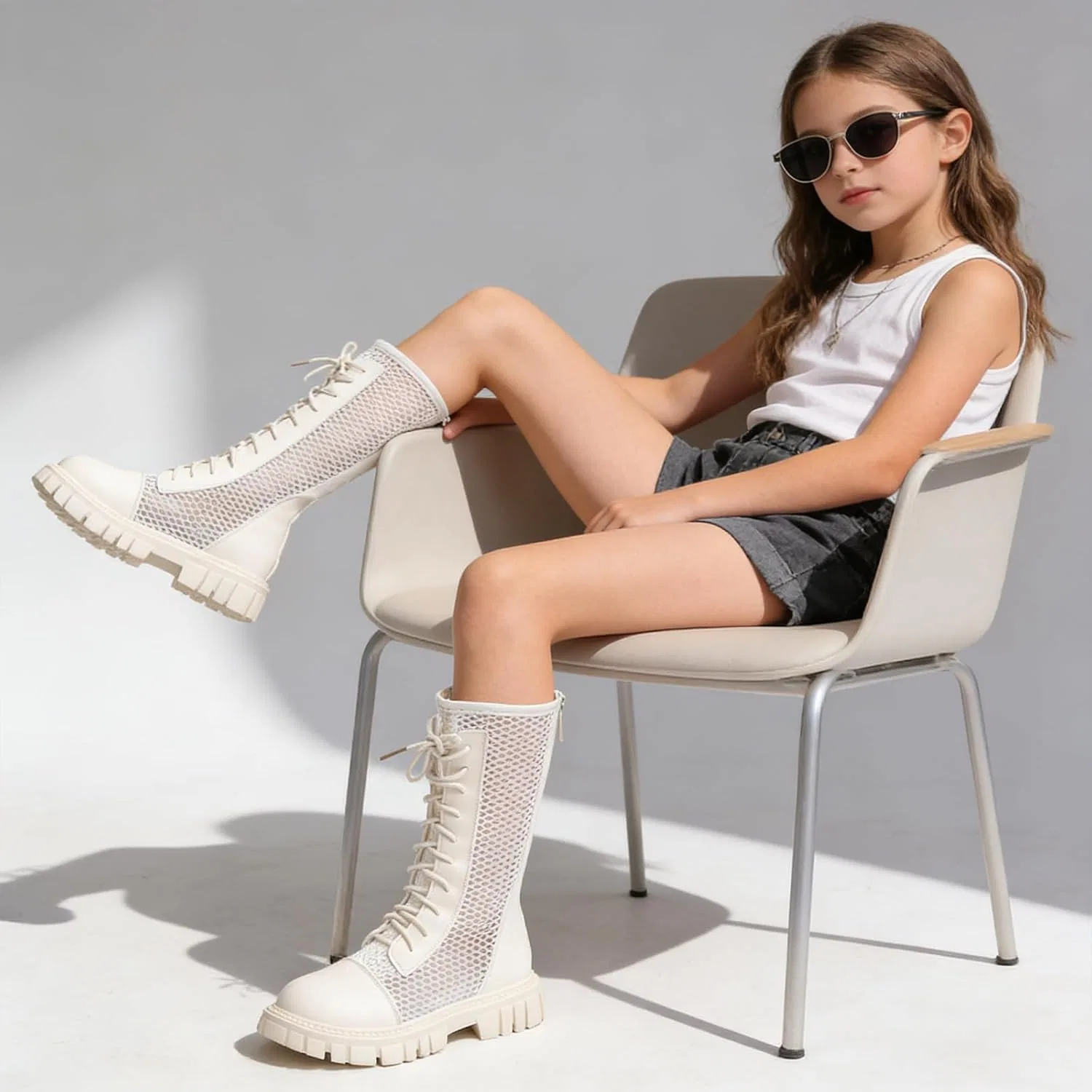 Детские ботинки для девочек с сеткой и шнуровкой Combat Boots TMSNGLSMI, White — фото 3