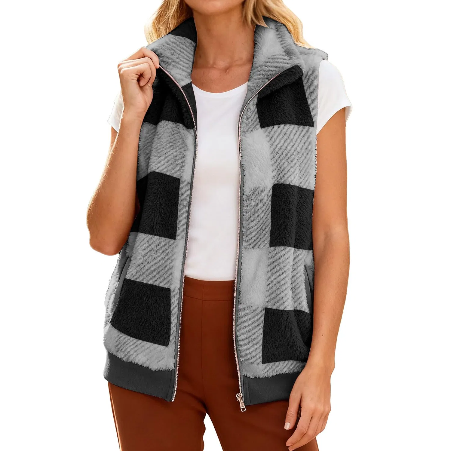 Женский утепленный жилет с принтом в клетку, grigio