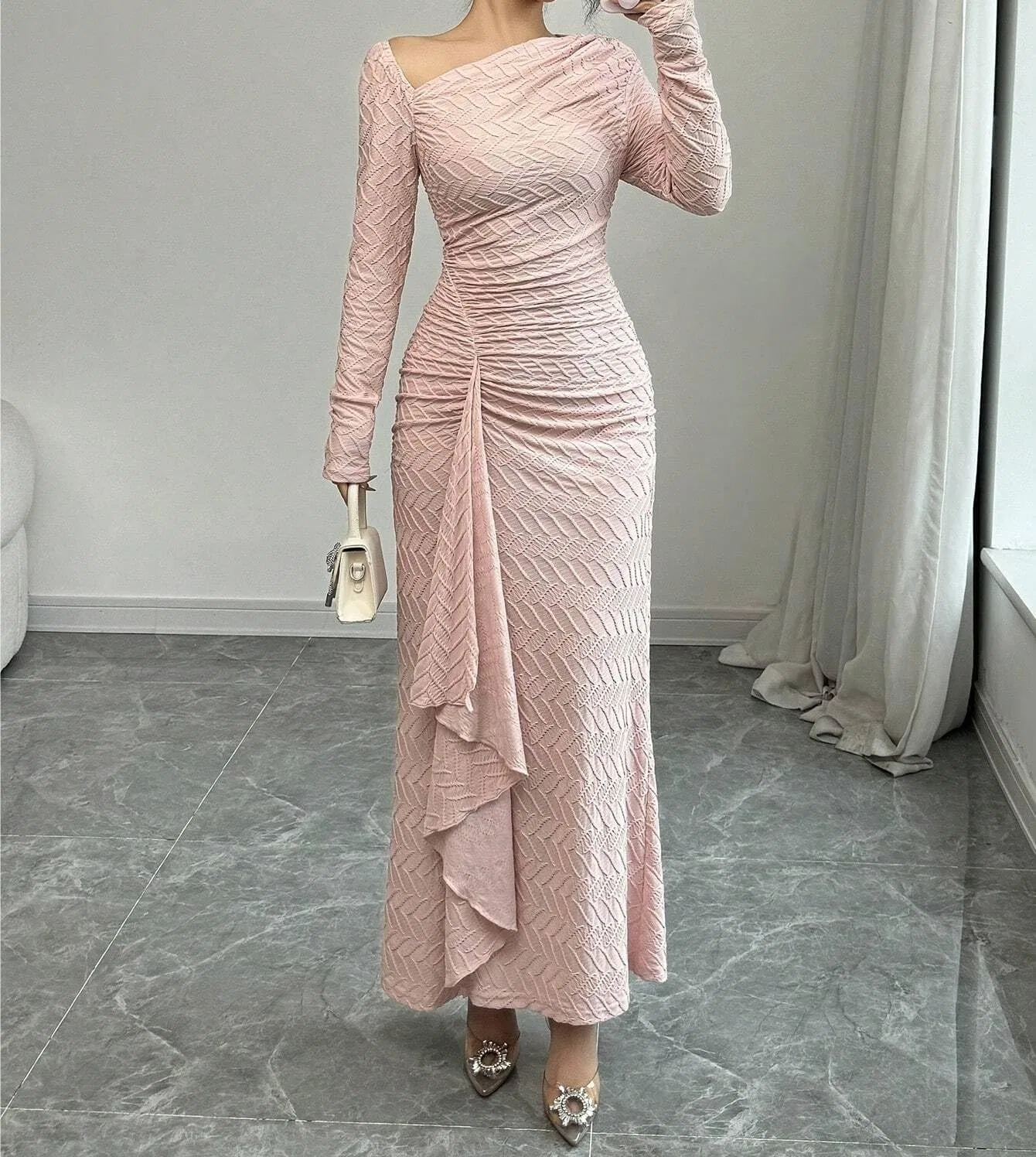 Женское элегантное платье с поясом, длинное Casual, Pink — фото 2
