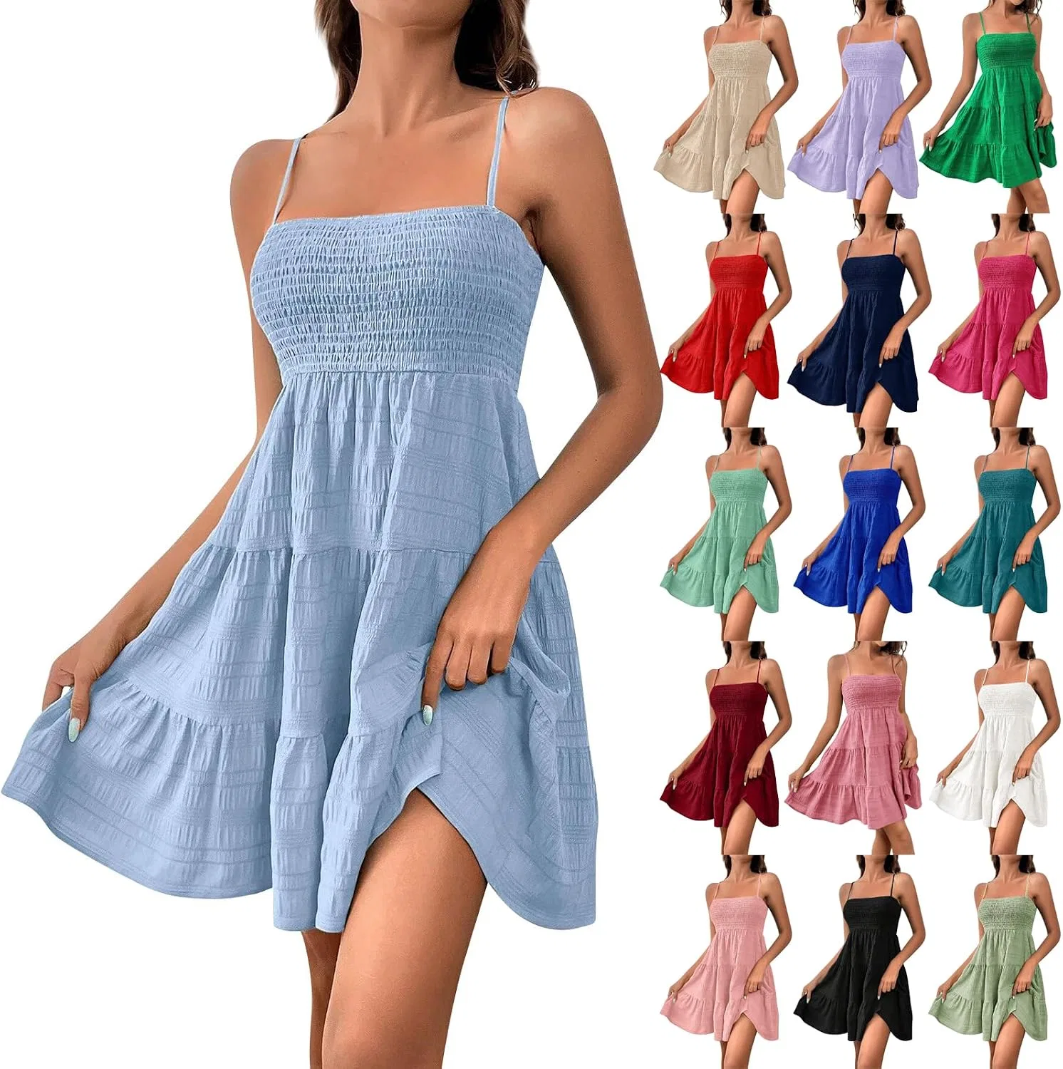Женское летнее мини-платье с регулируемыми бретелями Smocked Spaghetti Strap, Light Blue