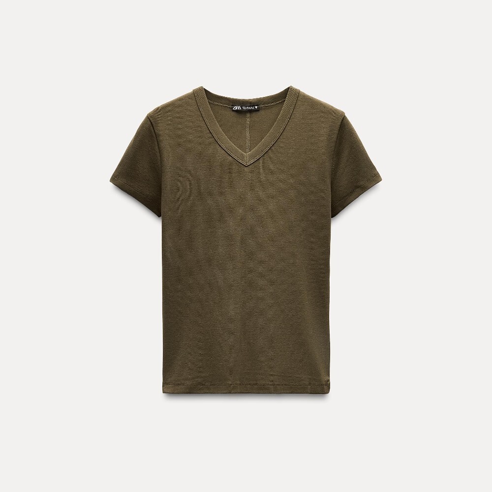 

Футболка Zara V-neck Cotton, коричневый