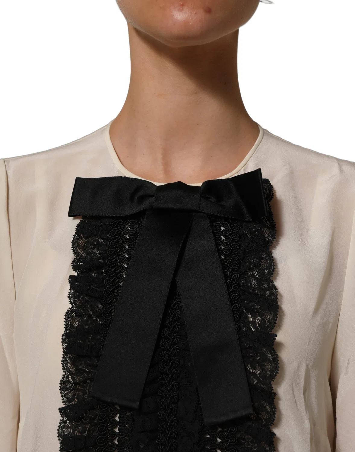 Женская блузка с коротким рукавом и бантом White Lace Trim Bow Dolce & Gabbana, White — фото 2