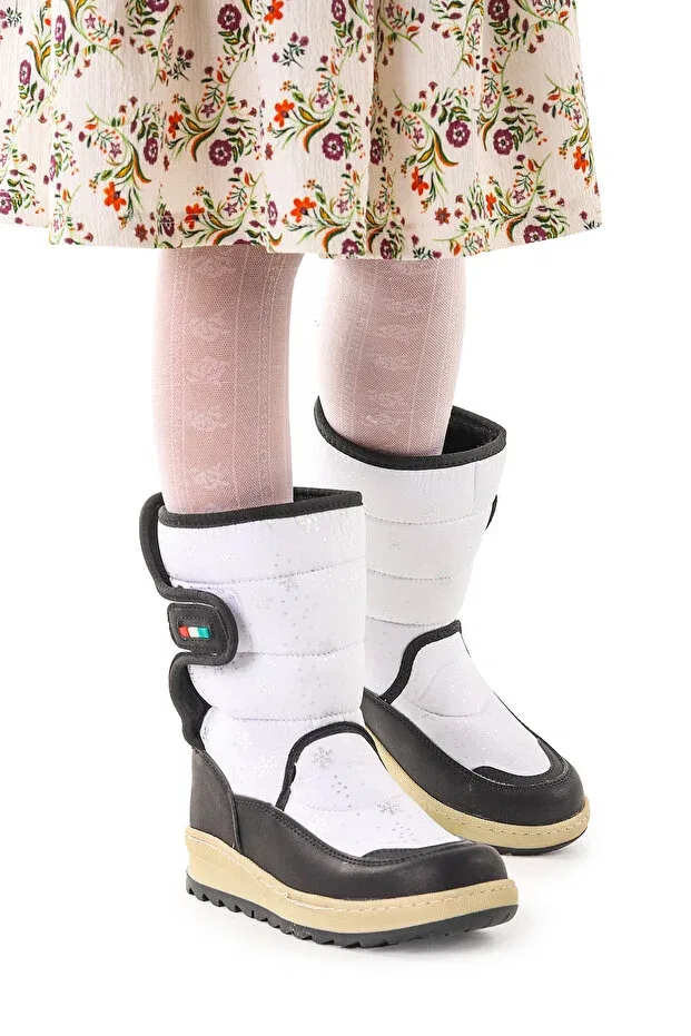 Детские снежные ботинки для девочек с узором Tila Kiko Kids, White - Black
