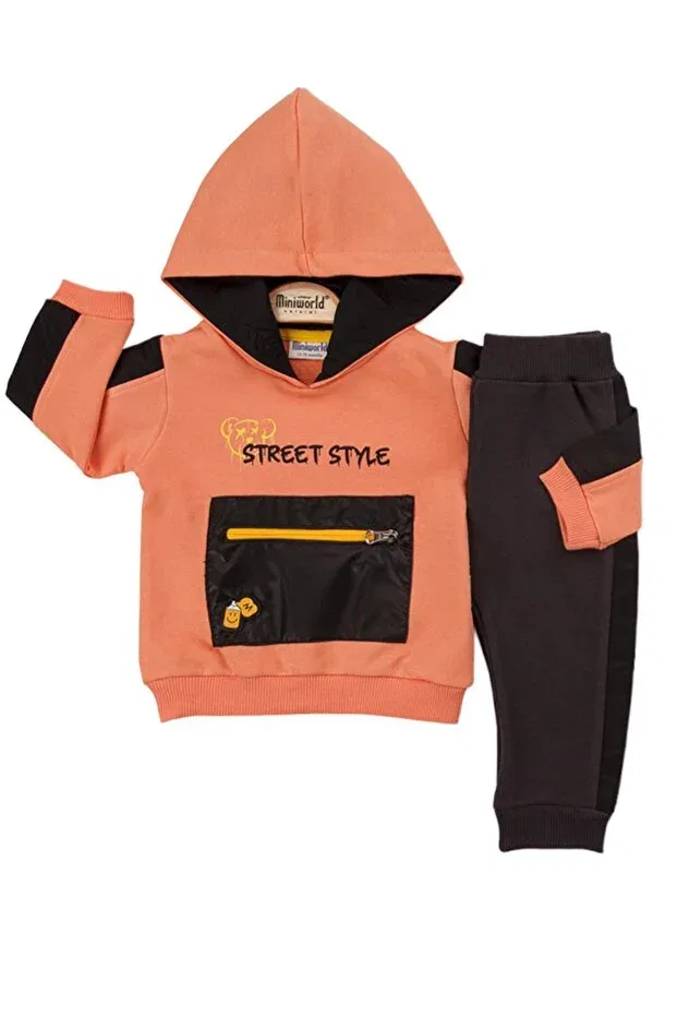 Детский спортивный костюм для мальчиков с капюшоном Miniworld Baby Boy Wolf Kangaroo Pocketed Winter Tracksuit Set Dear Enika, Salmon