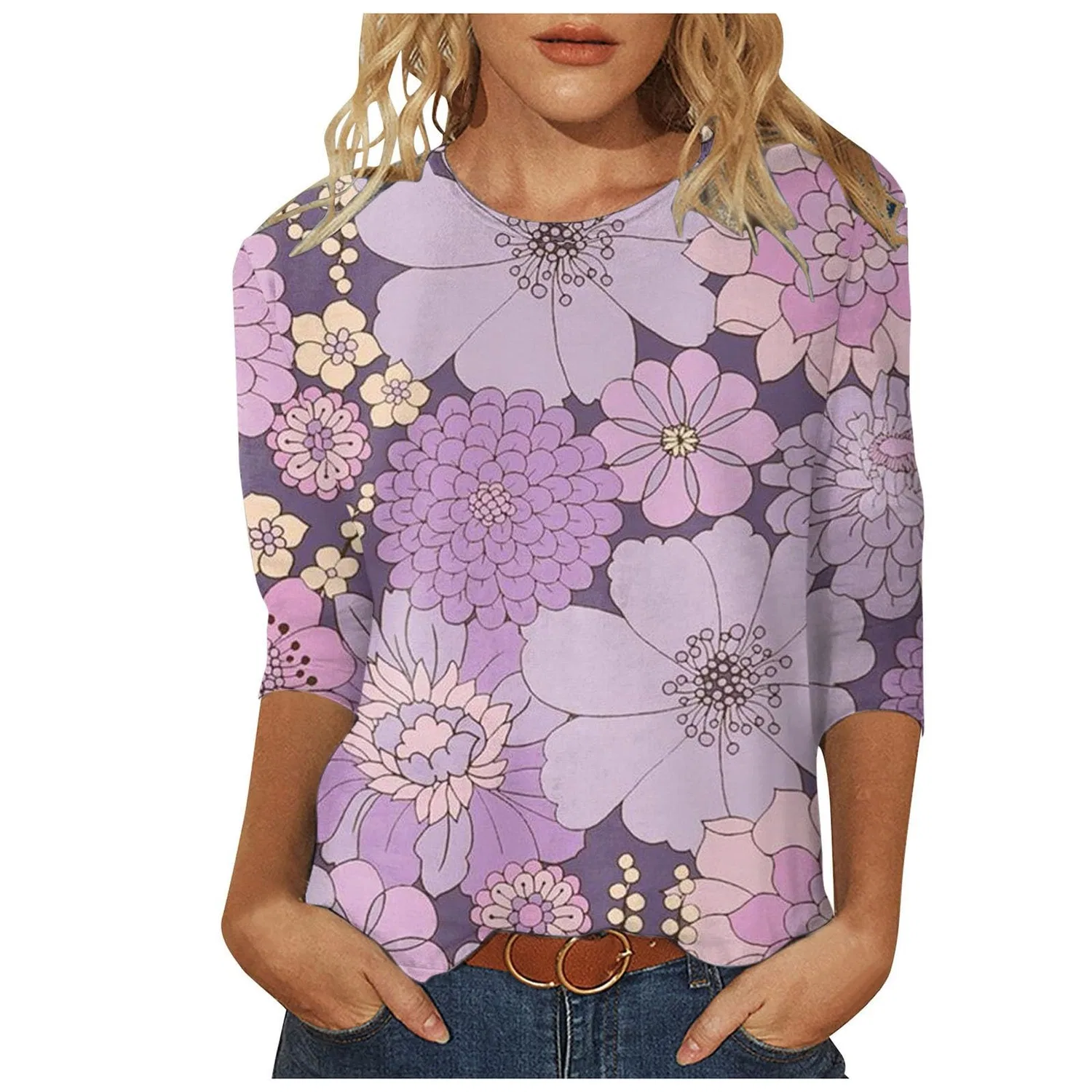 Женская майка с цветочным принтом Floral Print Round Neck Long Sleeve Lace Top, Violet-6