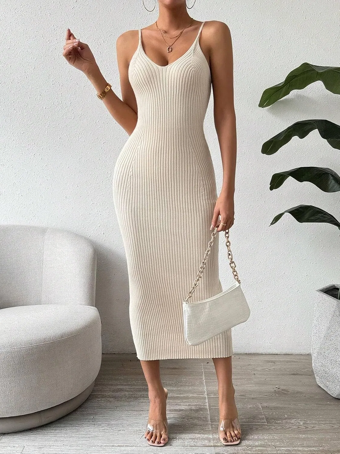 Женское трикотажное платье-карандаш с разрезом Generic, Apricot — фото 4
