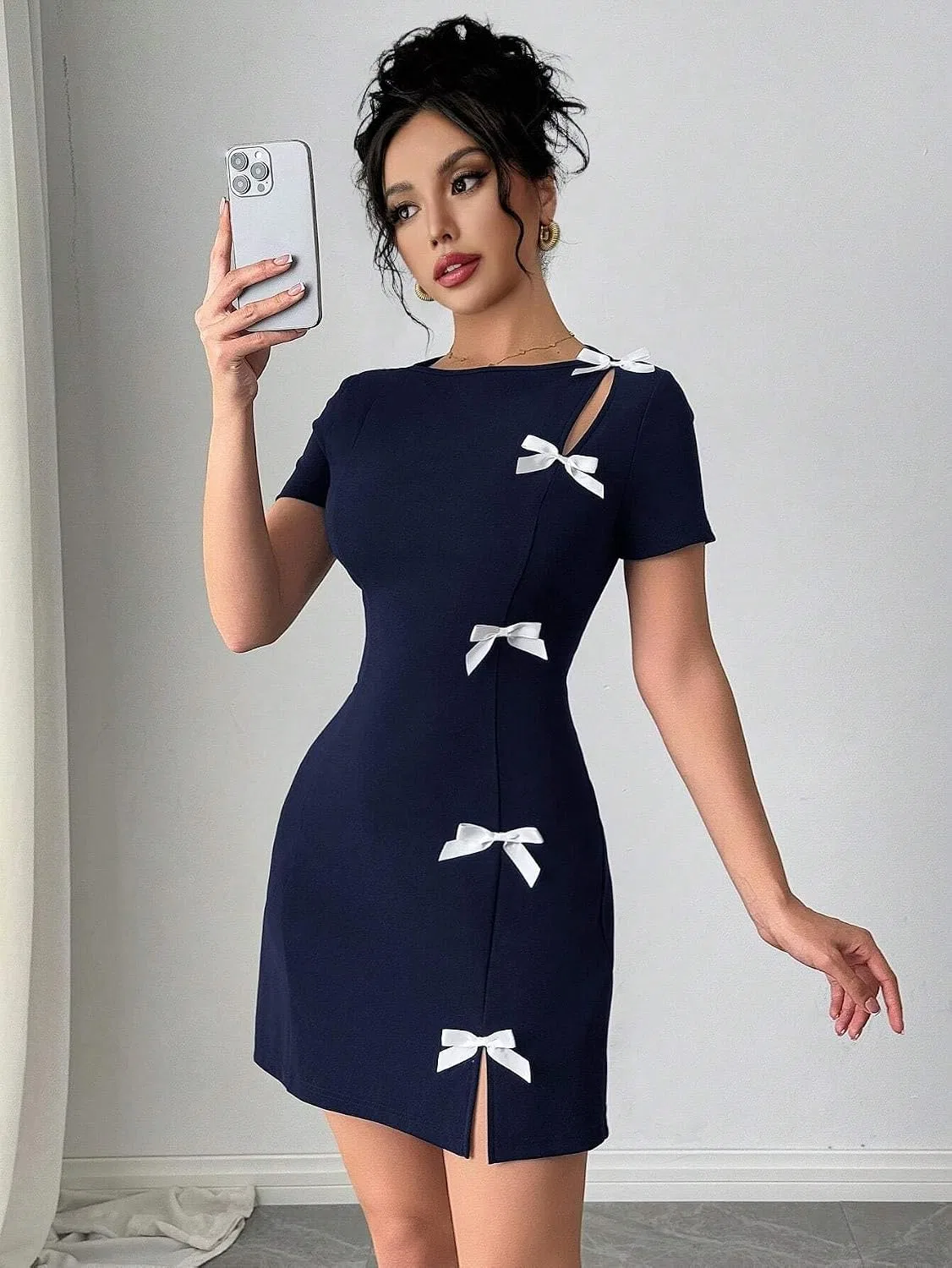 Женское облегающее мини-платье с бантом Bodycon, Navy Blue — фото 2