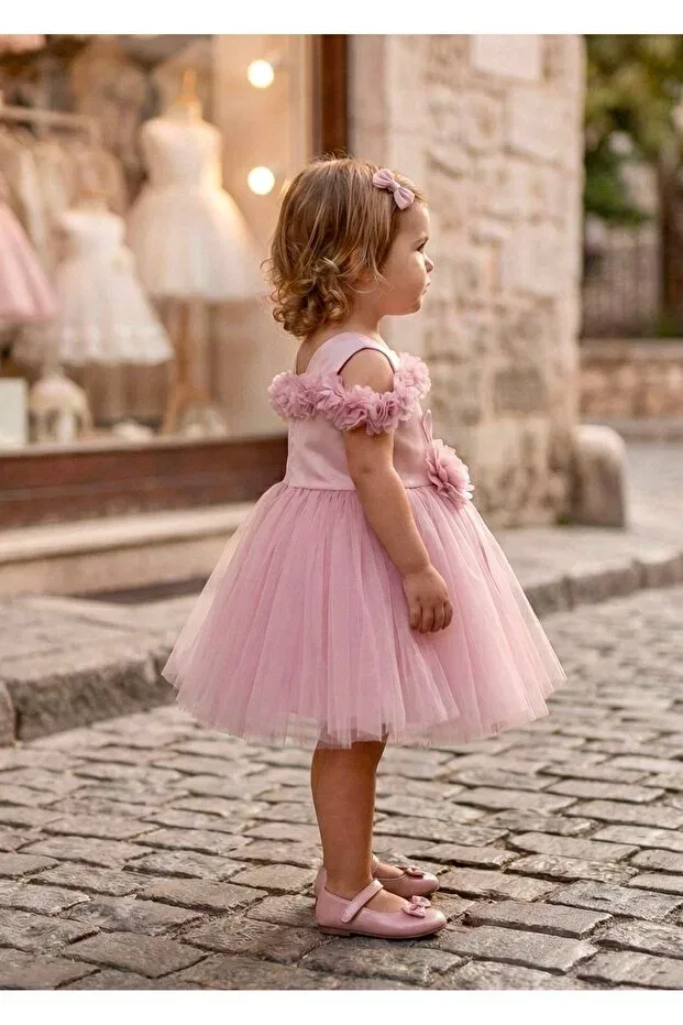 Детское платье для девочек с открытыми плечами Rose Detailed Miaras Baby, Rose Dried — фото 3