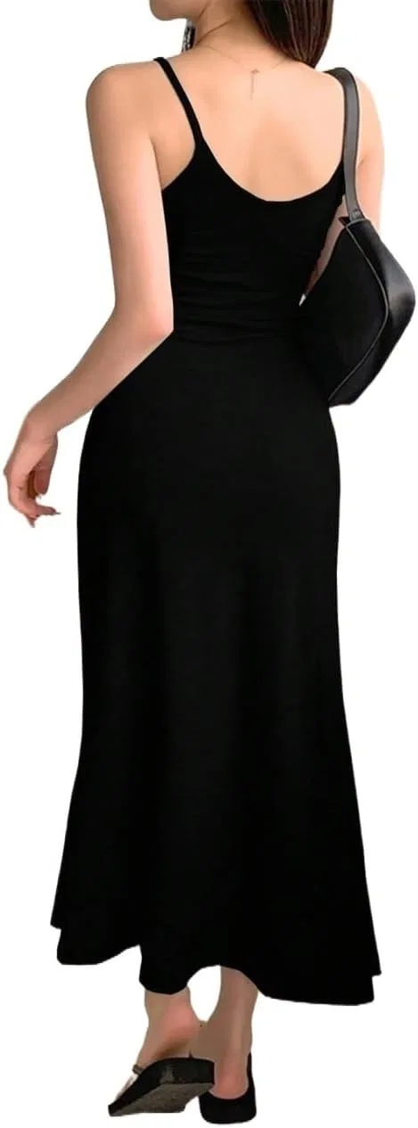 Женское длинное cami платье на тонких бретелях с вырезом на спине, Black — фото 2