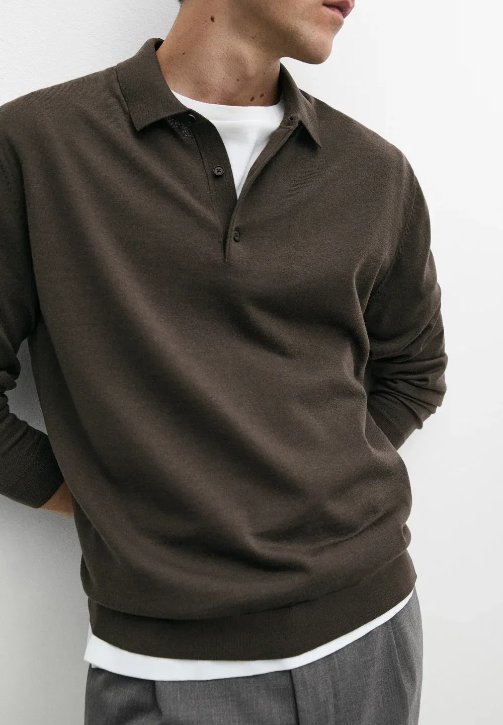 Вязаный поло-свитер из 100% мериносовой шерсти - рубашка поло Massimo Dutti, Khaki — фото 4