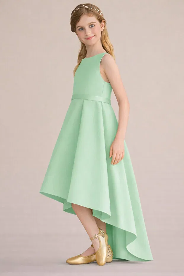Детское платье для девочек без рукавов Mint Green Asymmetrical Skirt Detailed Simple Stylish Satin Ball Gown Birthday Prom Graduation Dress Nsmkidslife, Mint Green — фото 2