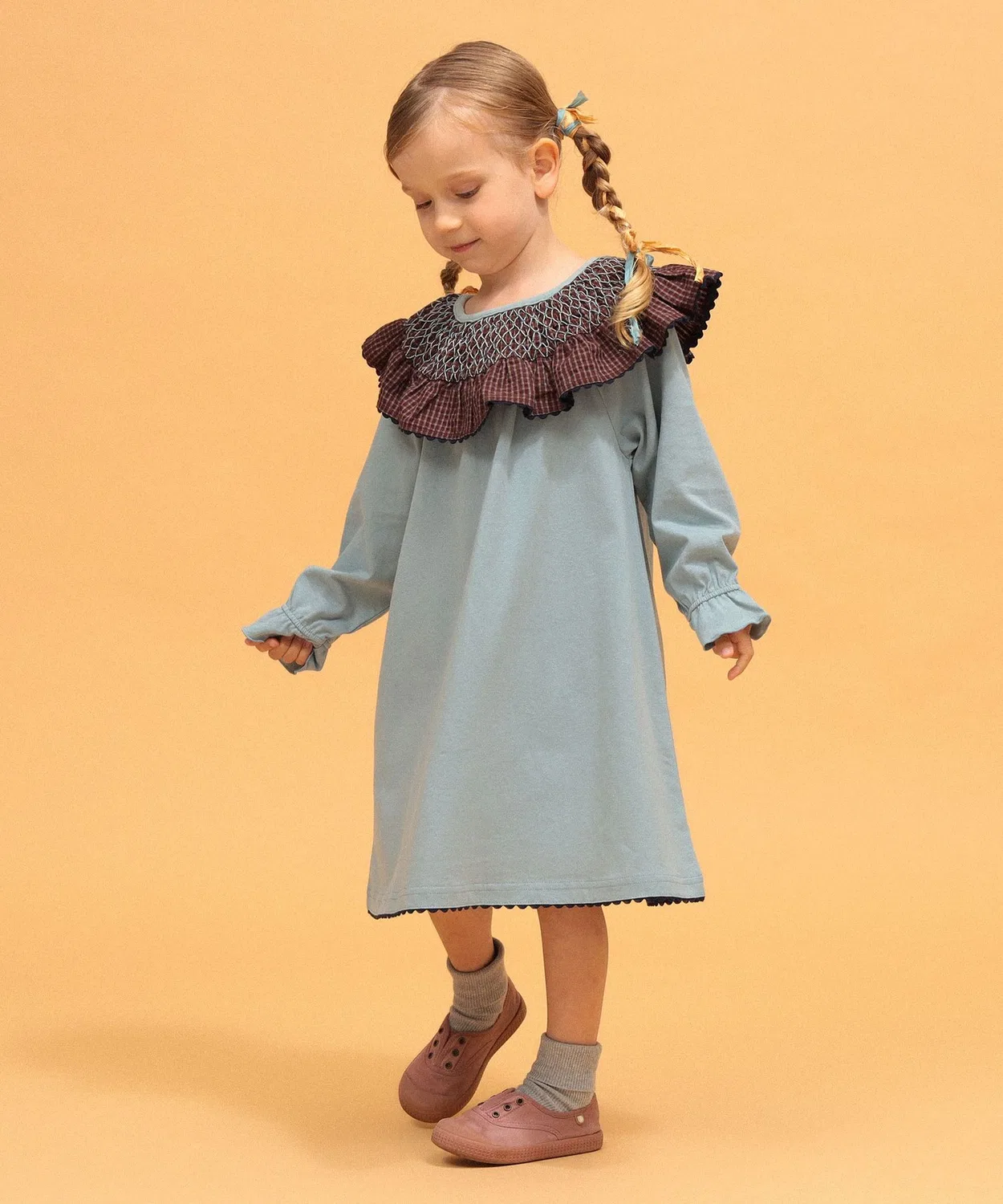 Детское платье для девочек с фрил-воротником Smocking Frill Collar Kodomo Beams, Sax Blue