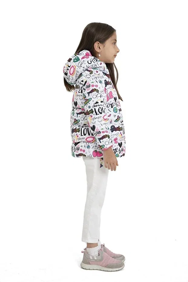 Детское зимнее пальто для девочек с принтом Girl'S Fleece Hooded Girls Written Butterfly Patterned Winter Puffer Coat & Coat & Parka Montland, White-Pink — фото 3