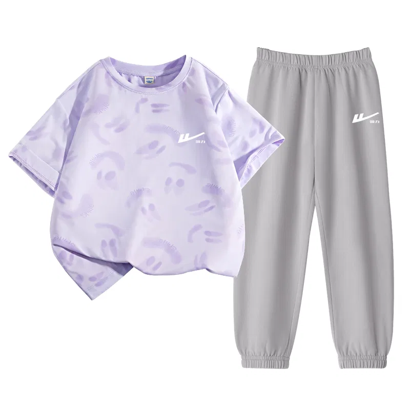 Детский спортивный комплект с круглым вырезом, тонкий, с принтом, Huili Small K, WARRIOR, Light Purple/H White Huili Small K-Gray/H White Huili Small K