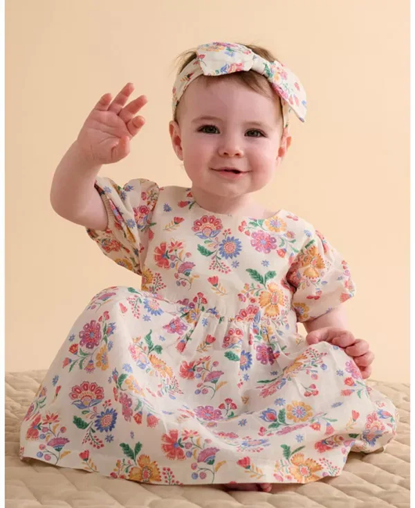 Детское платье для девочек из льняной смеси с комплектом повязок Purebaby, Mexican Floral — фото 2