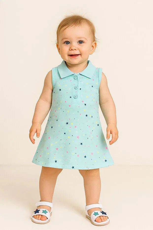 Детское платье для девочек с принтом Star Printed Polo Collar Mika Bebek & Çocuk, Blue