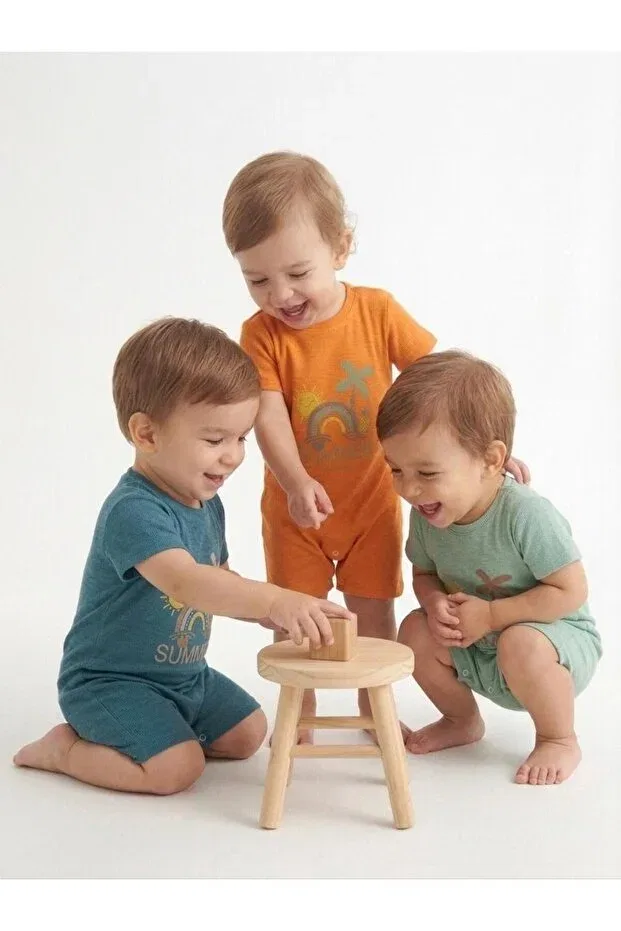 Детское боди-комбинезон с принтом Unisex baby camisole summer printed short sleeve romper 3-pack Babykugu, Turuncu-Çağla-Petrol Mavisi — фото 3