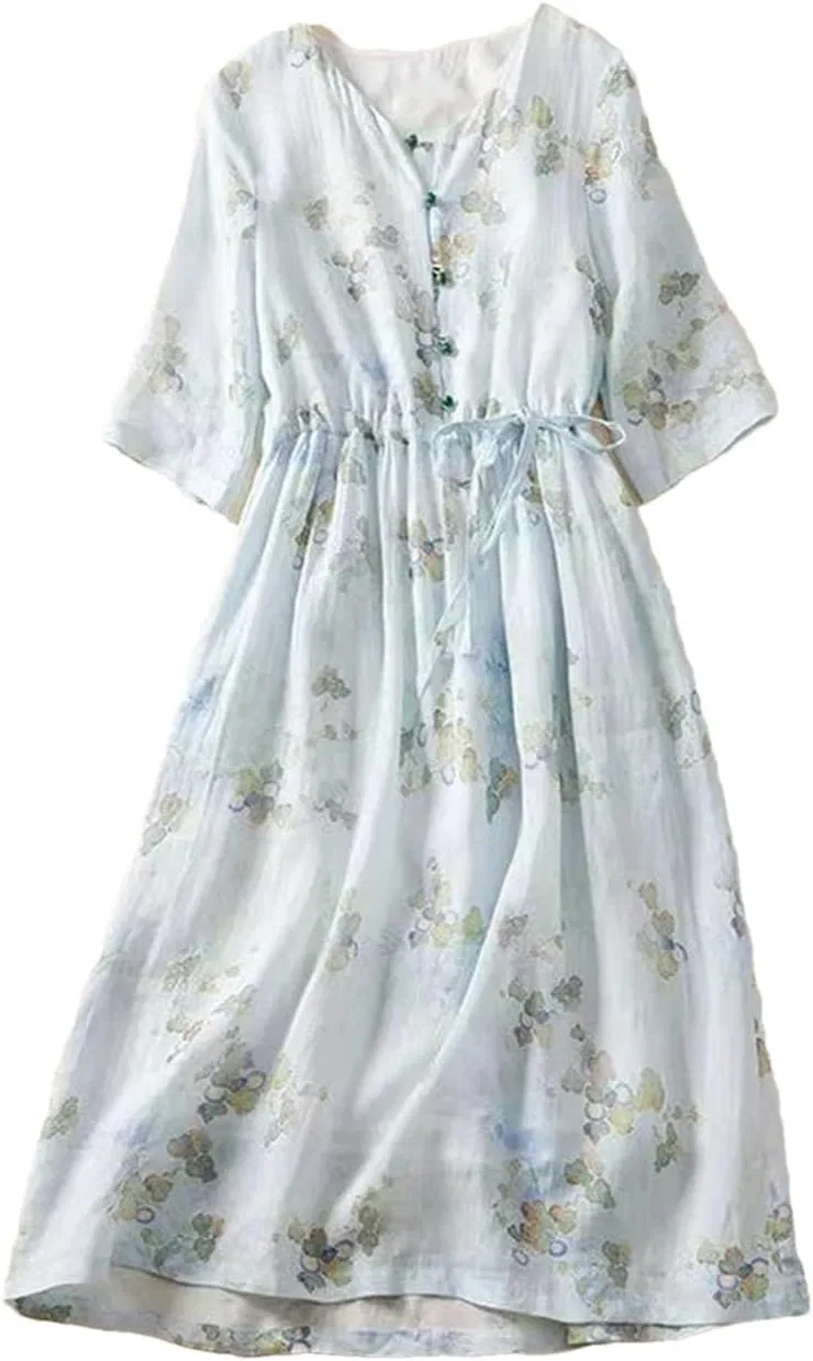Женское платье миди с цветочным принтом A-line Bohemian, Light Blue