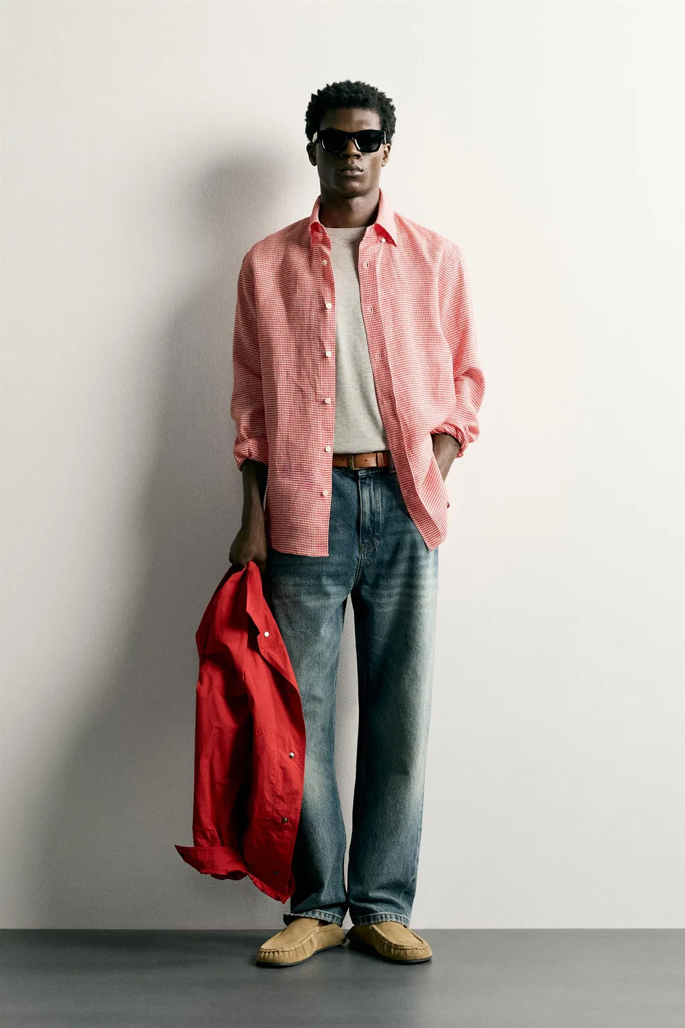 Рубашка в клетку, 100% лен, стандартный крой. ZARA, Red