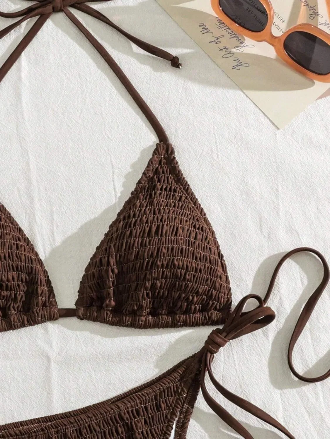 Женский бикини-сет с высокой талией, Backless Tie Back Halter, Coffee Brown — фото 3