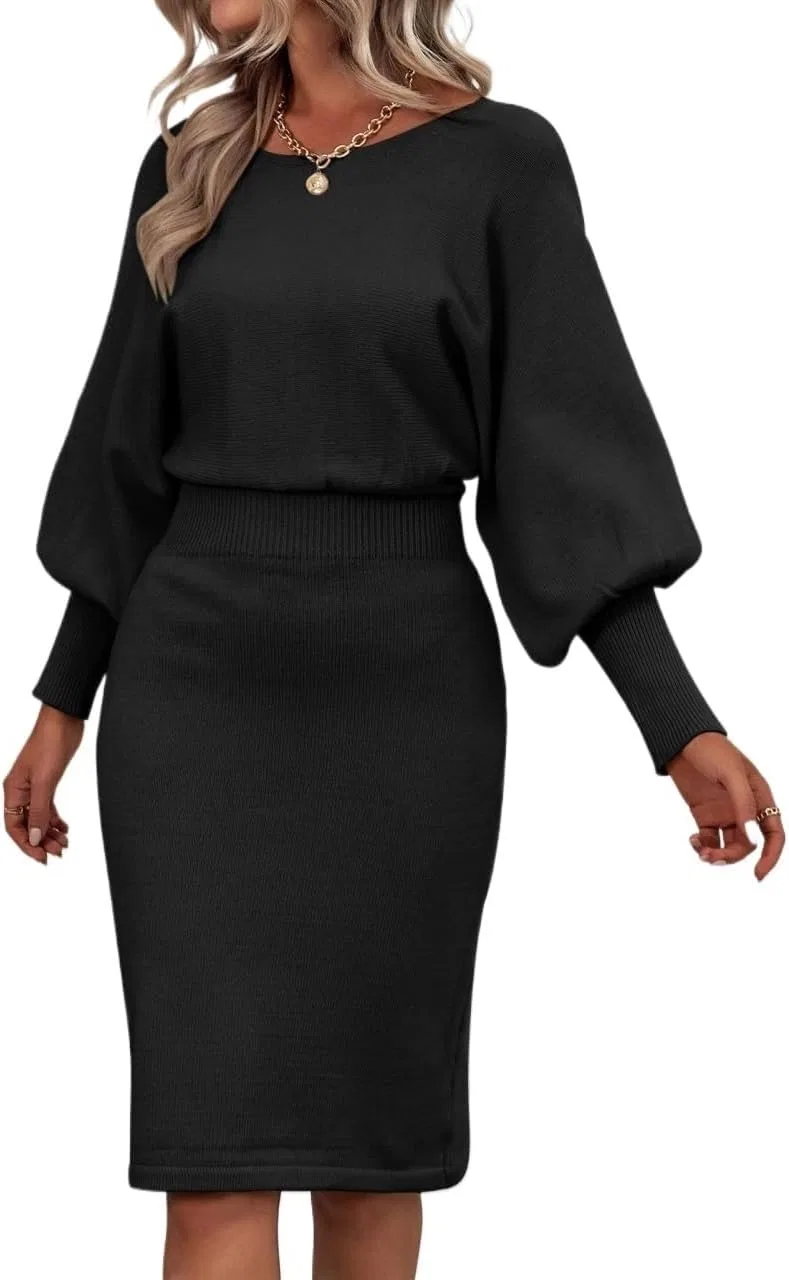 Женское платье с круглым вырезом Rib-Knit, Black