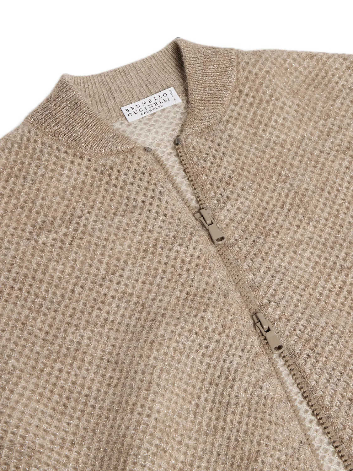 Сетчатый кардиган на молнии Brunello Cucinelli Kids, нейтральные цвета — фото 3