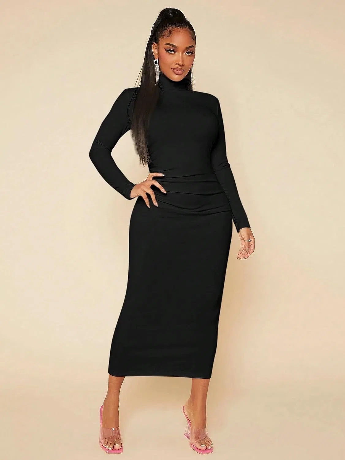 Женское облегающее платье с высоким воротом Bodycon, Black — фото 3