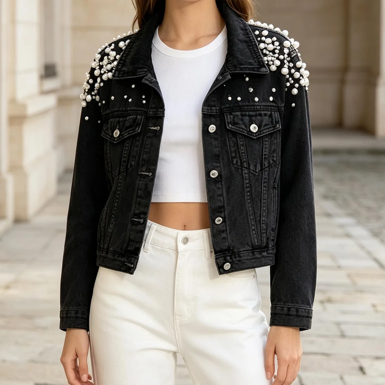 Женское джинсовое пальто Trucker Perle Denim Coat, Nero — фото 3