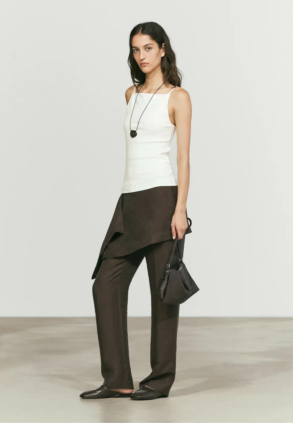 Брюки с юбкой и льняной отделкой - брюки Massimo Dutti, Dark Brown — фото 2