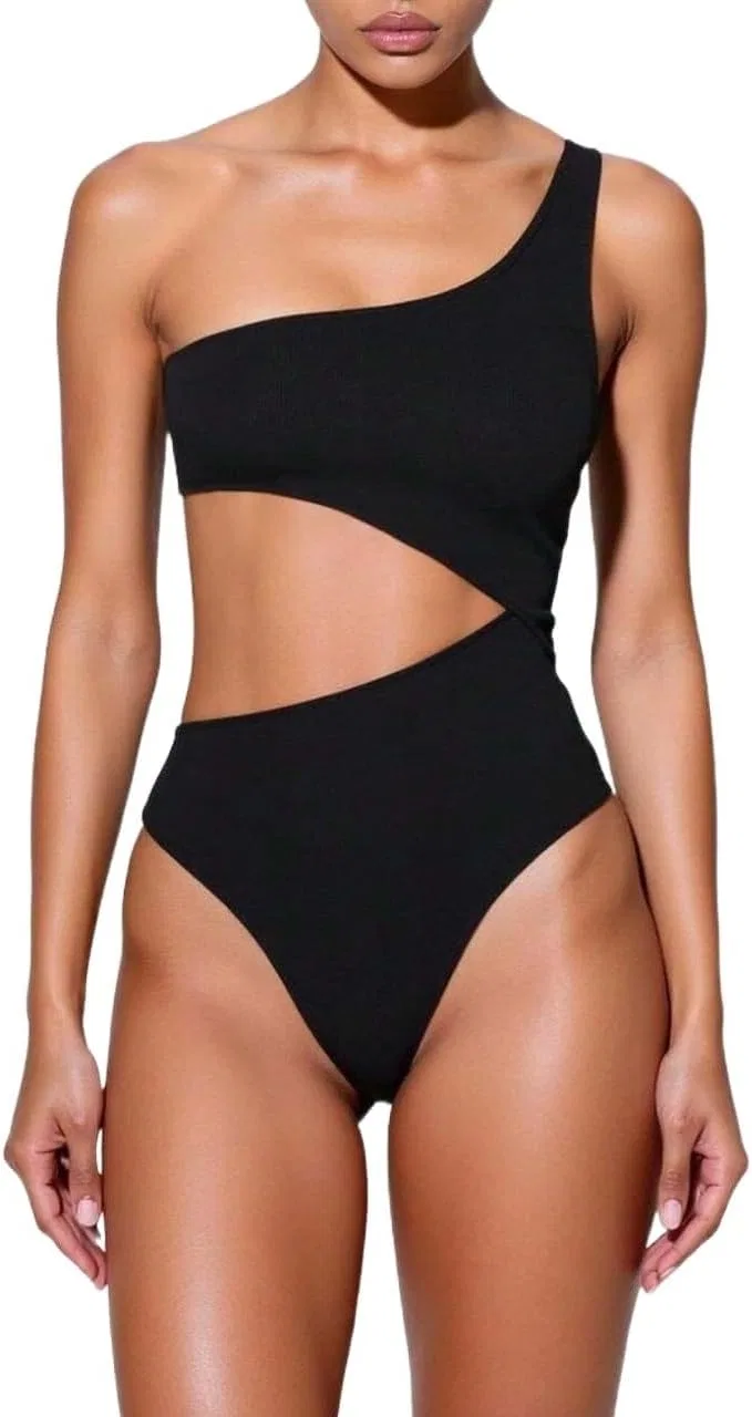 Женский высокий монокини с вырезами One Shoulder, Black