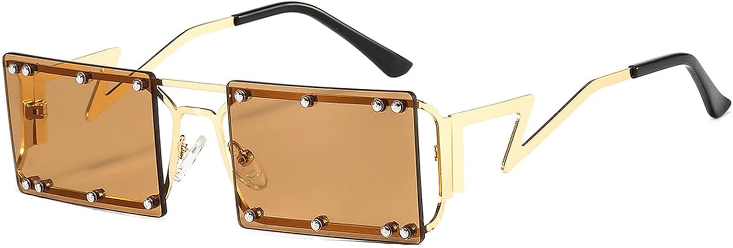 

Модные прямоугольные солнцезащитные очки для женщин, винтажные, без оправы, с прозрачными линзами цвета морской волны, мужские солнцезащитные очки с заклепками, защита от УФ-излучения UV400 COTIA, Brown