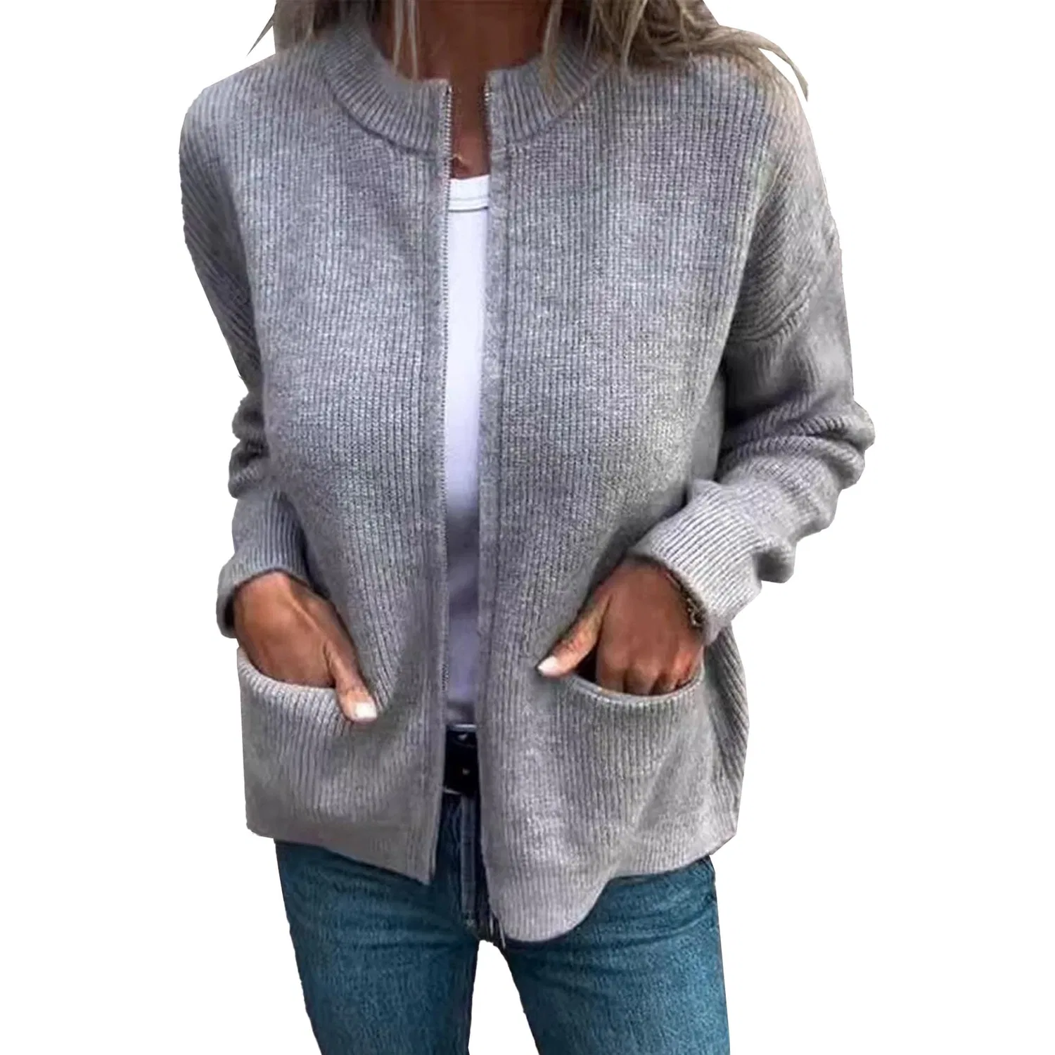 Женский кардиган с высоким воротом и молнией, легкий, с длинным рукавом, Grey