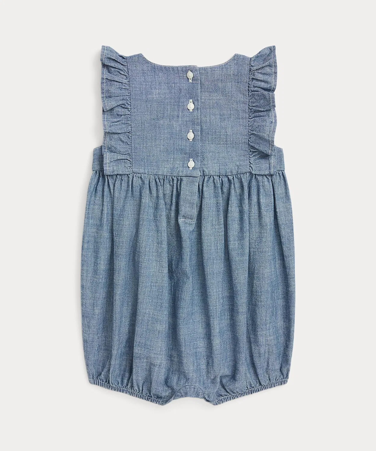 Детский боди-комбинезон с рюшами и вышивкой пони Indigo Chambray Bubble Shortall POLO RALPH LAUREN CHILDRENSWEAR, Синий — фото 2