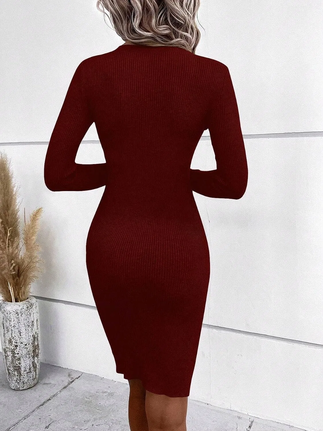 Женское короткое платье-свитер с круглым вырезом Bodycon, Burgundy — фото 3